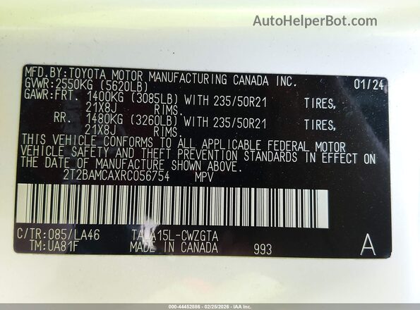 2T2BAMCAXRC056754 2024 LEXUS RX 350 White Շարժիչի բաժամունքի տեսք