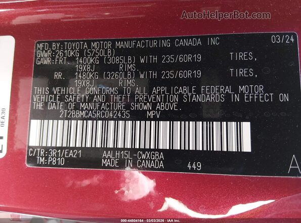 2T2BBMCA5RC042435 2024 LEXUS RX 350H Red Engine compartment view