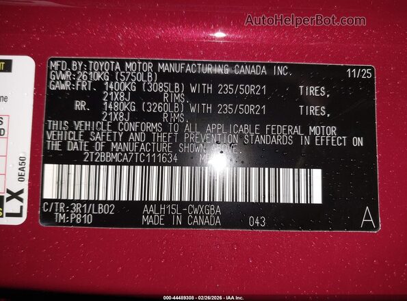 2T2BBMCA7TC111634 2026 LEXUS RX 350H Red Շարժիչի բաժամունքի տեսք