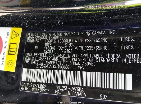 2T2BZMCA0KC190686 2019 LEXUS RX 350 Black ძრავის განყოფილების ხედი