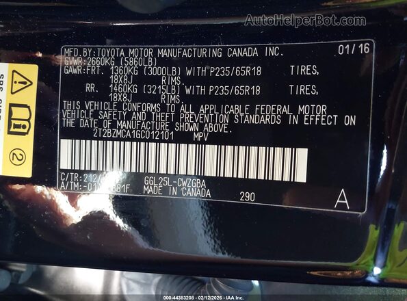 2T2BZMCA1GC012101 2016 LEXUS RX 350 Black 