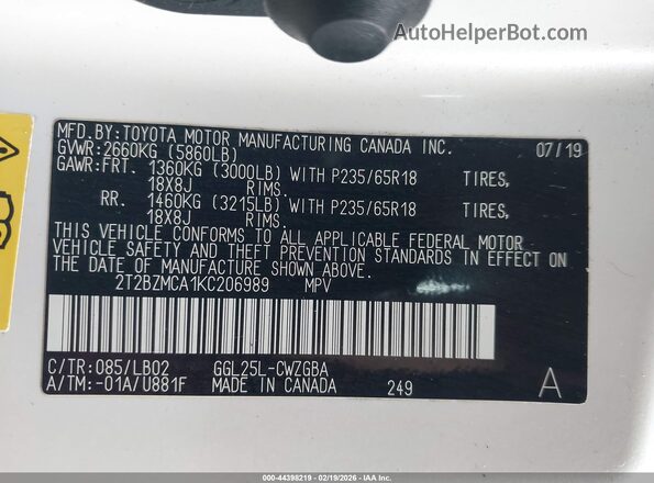 2T2BZMCA1KC206989 2019 LEXUS RX 350 White Вид підкапотного простору