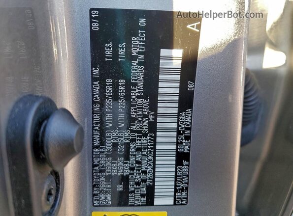 2T2BZMCA3KC211773 2019 LEXUS RX Silver Vista de la etiqueta del VIN