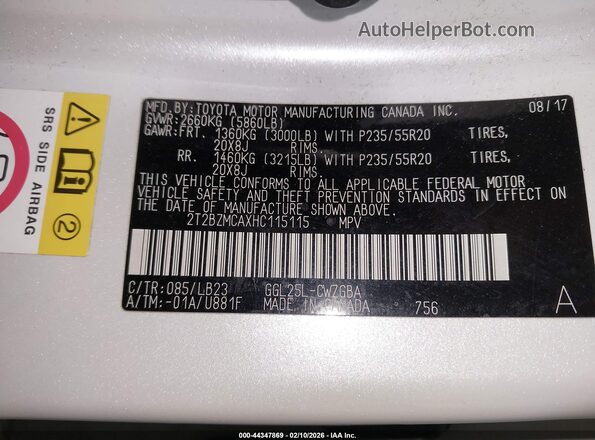 2T2BZMCAXHC115115 2017 LEXUS RX 350 White Widok komory silnika
