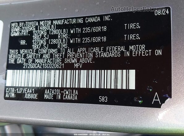 2T2GDCAZ1SC020621 2025 LEXUS NX 250 Gray Vista del compartimento del motor