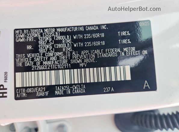 2T2GGCEZ1TC102111 2026 LEXUS NX White VIN կոդի պիտակի տեսք