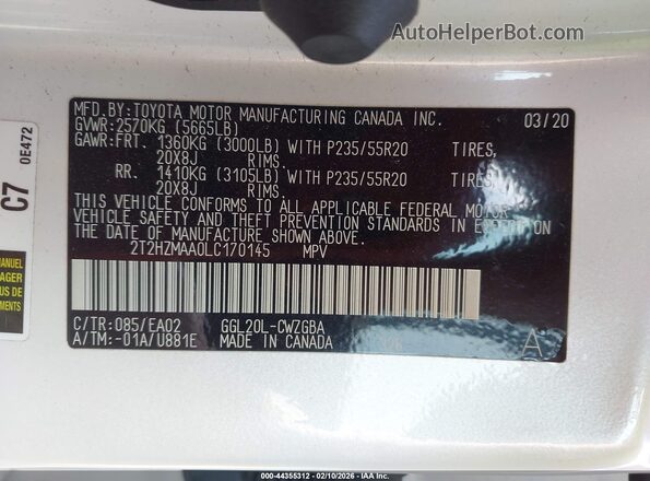 2T2HZMAA0LC170145 2020 LEXUS RX 350 White Вид підкапотного простору