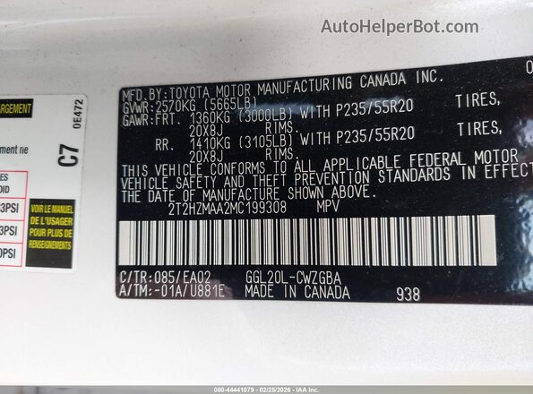 2T2HZMAA2MC199308 2021 LEXUS RX 350 White Widok komory silnika