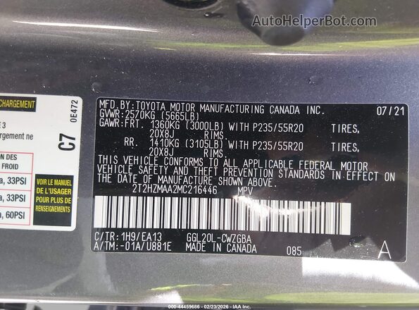 2T2HZMAA2MC216446 2021 LEXUS RX 350 Gray Engine compartment view