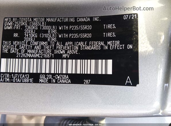 2T2HZMAA6MC216871 2021 LEXUS RX 350 Gray Widok komory silnika