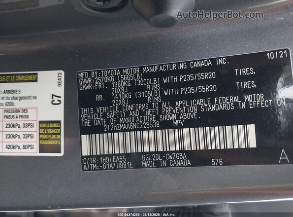 2T2HZMAA6NC225538 2022 LEXUS RX 350 Gray 