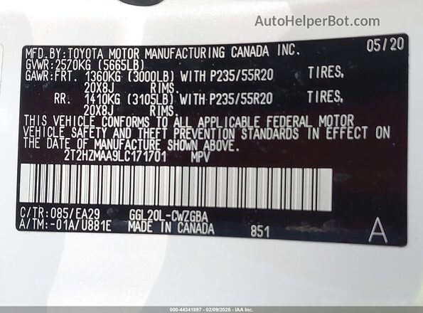 2T2HZMAA9LC171701 2020 LEXUS RX 350 White ძრავის განყოფილების ხედი