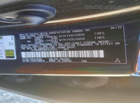 2T2HZMAAXNC245243 2022 LEXUS RX Black Widok naklejki z numerem VIN