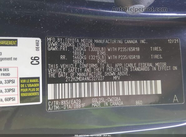 2T2HZMDA4NC327027 2022 LEXUS RX 350 Blue Widok komory silnika