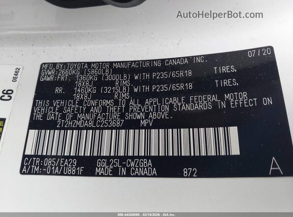 2T2HZMDA8LC253687 2020 LEXUS RX 350 White Вид підкапотного простору