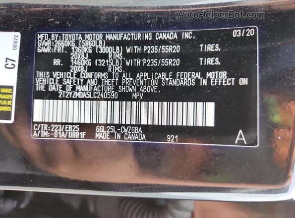 2T2YZMDA5LC240590 2020 LEXUS RC Black VIN კოდის სტიკერის ხედი