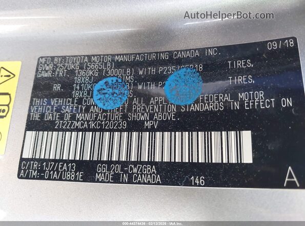 2T2ZZMCA1KC120239 2019 LEXUS RX 350 Gray ძრავის განყოფილების ხედი