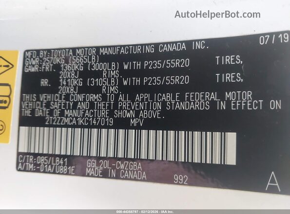2T2ZZMCA1KC147019 2019 LEXUS RX 350 White Engine compartment view