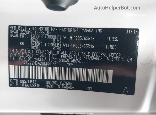 2T2ZZMCA2HC050761 2017 LEXUS RX 350 White 