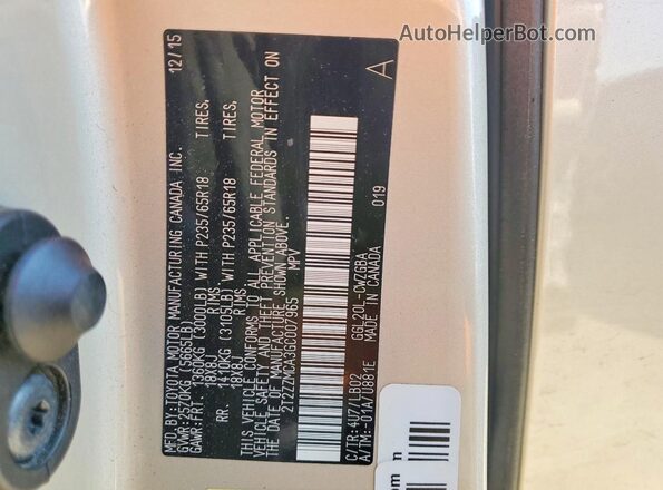2T2ZZMCA3GC007965 2016 LEXUS RX Cream Vista de la etiqueta del VIN