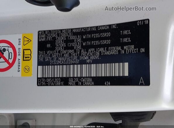 2T2ZZMCA3JC094497 2018 LEXUS RX 350 White Вид наклейки з VIN-кодом