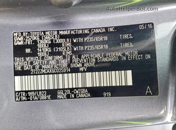 2T2ZZMCAXGC025914 2016 LEXUS RX Charcoal Widok naklejki z numerem VIN