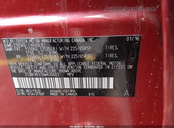 2T3BFREV3GW435603 2016 TOYOTA LE Red Widok komory silnika