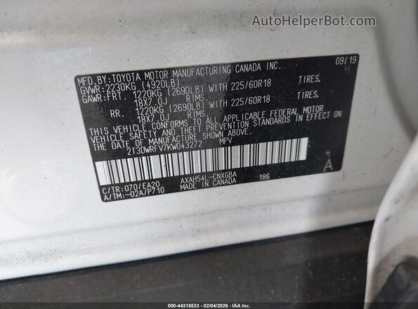 2T3DWRFV7KW043272 2019 TOYOTA LIMITED White Շարժիչի բաժամունքի տեսք