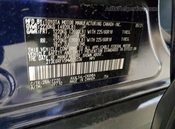 2T3E6RFV5MW025036 2021 TOYOTA RAV4 Blue 