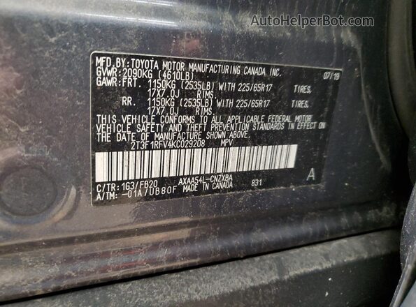 2T3F1RFV4KC029208 2019 TOYOTA LE Gray 