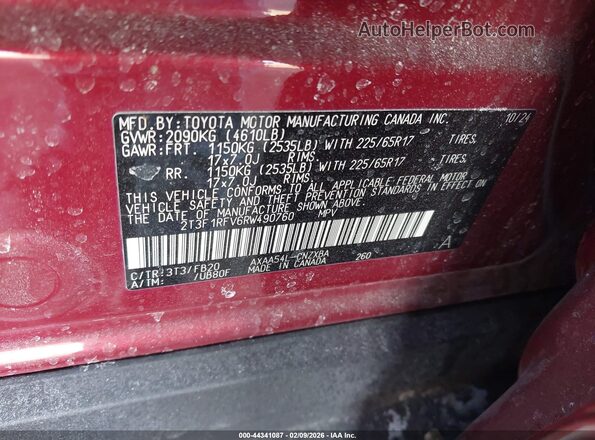 2T3F1RFV6RW490760 2024 TOYOTA LE Burgundy Вид підкапотного простору