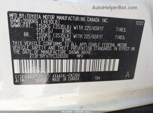 2T3F1RFV7PC326500 2023 TOYOTA LE White Vista del compartimento del motor