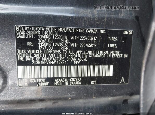 2T3G1RFVXMW142831 2021 TOYOTA LE Gray Вид підкапотного простору