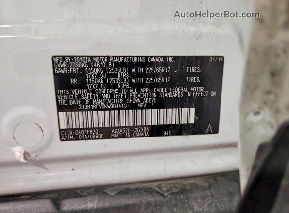 2T3H1RFV0KW004443 2019 TOYOTA LE White 