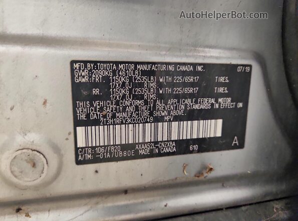 2T3H1RFV3KC020749 2019 TOYOTA LE White 
