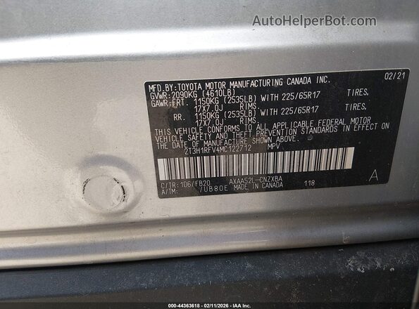 2T3H1RFV4MC122712 2021 TOYOTA LE Silver Engine compartment view