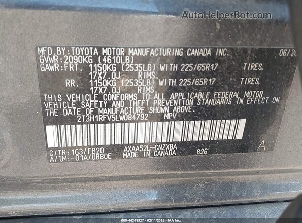 2T3H1RFV5LW084792 2020 TOYOTA LE Gray 