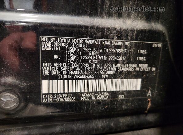 2T3H1RFV6KW004365 2019 TOYOTA LE Black 