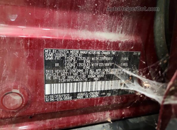 2T3H1RFV7KW004746 2019 TOYOTA LE White 