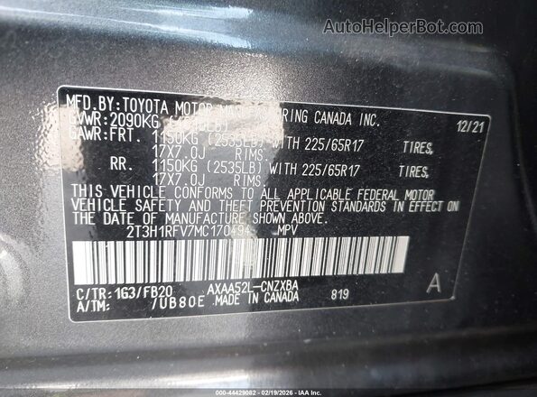 2T3H1RFV7MC170494 2021 TOYOTA LE Gray 