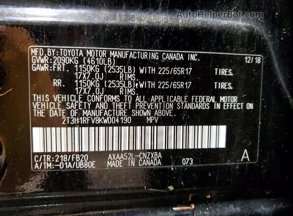 2T3H1RFV8KW004190 2019 TOYOTA LE White 