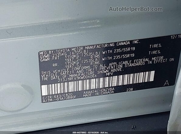 2T3J1RFV1KW004064 2019 TOYOTA RAV4 Gray Vista del compartimento del motor
