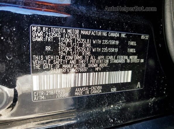 2T3J1RFV1NW276697 2022 TOYOTA RAV4 Black VIN sticker view