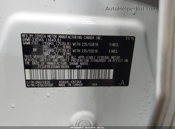 2T3JFREV5GW419284 2016 TOYOTA RAV4 White Вид підкапотного простору