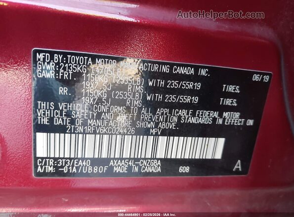 2T3N1RFV6KC024426 2019 TOYOTA LIMITED Red 