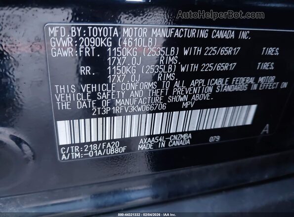 2T3P1RFV3KW066706 2019 TOYOTA LE Black Շարժիչի բաժամունքի տեսք