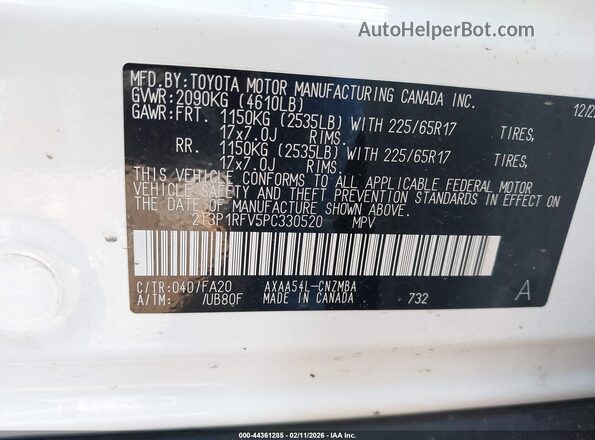 2T3P1RFV5PC330520 2023 TOYOTA LE White ძრავის განყოფილების ხედი