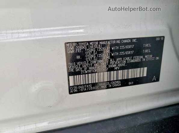 2T3W1RFV3KC023657 2019 TOYOTA LE White Вид наклейки з VIN-кодом