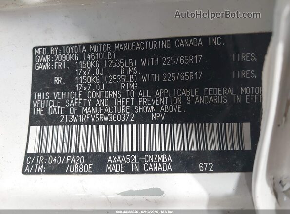 2T3W1RFV5RW360372 2024 TOYOTA LE White Շարժիչի բաժամունքի տեսք