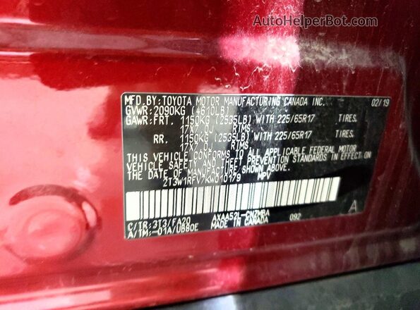 2T3W1RFV7KW010179 2019 TOYOTA LE Burgundy Панорамний вид салону 360°